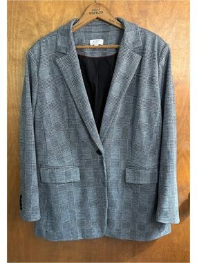 LOFT Gray Houndstooth Plaid Oversized Boyfriend Blazer Preppy 20 Office Work Mod